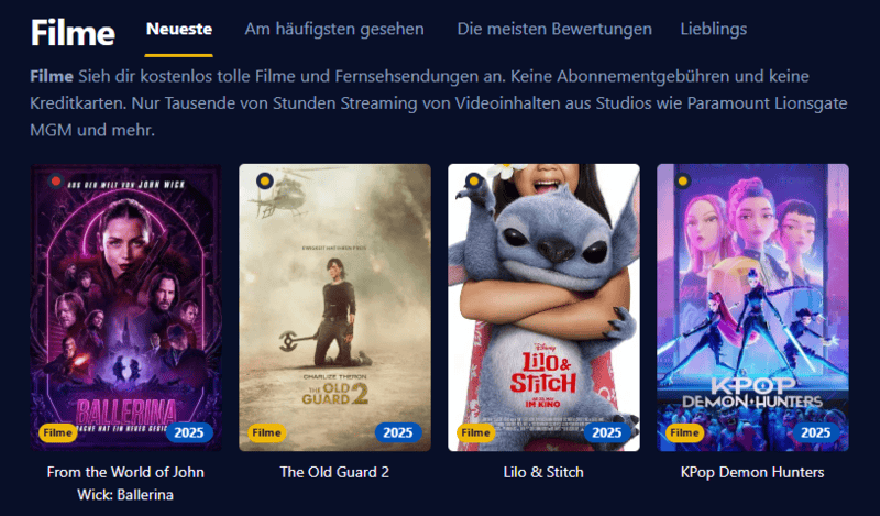 Aufnahme der Filmpalast Nutzeroberfläche die unterschiedliche Filmtitel und Serienelemente zeigt
